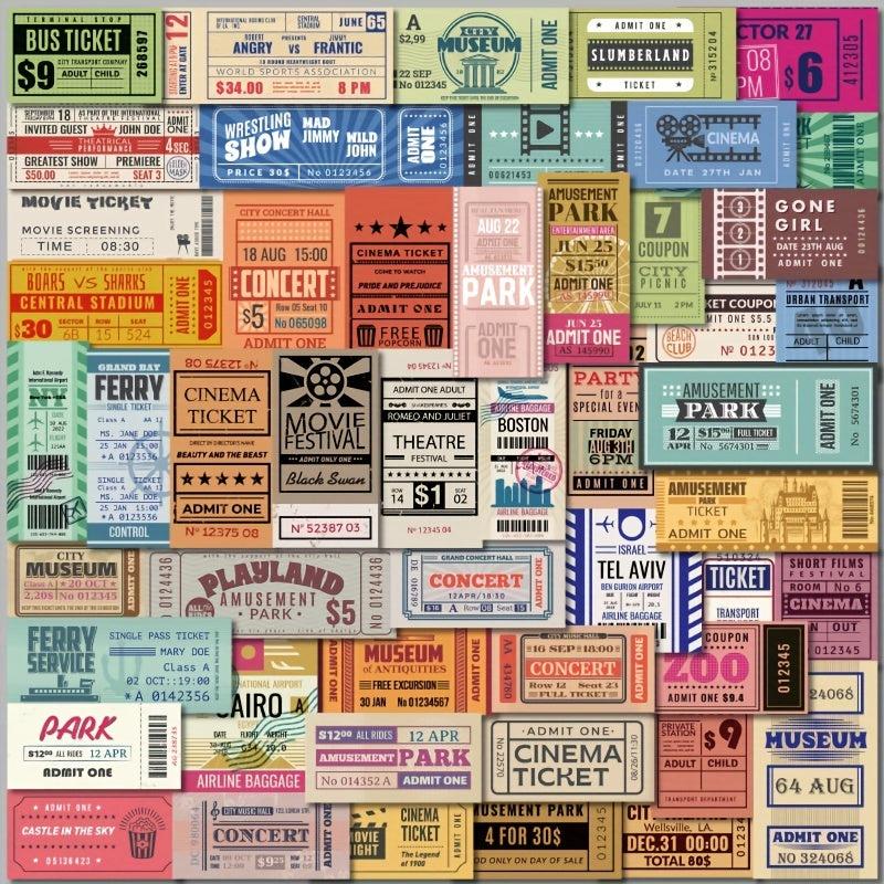 50pcs Waterproof Vintage Ticket Stickers For Notepad Crafts