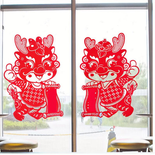 2pcs Year Window Stickers Red Paper Cut Lantern Spring Blessing Wall Stickers