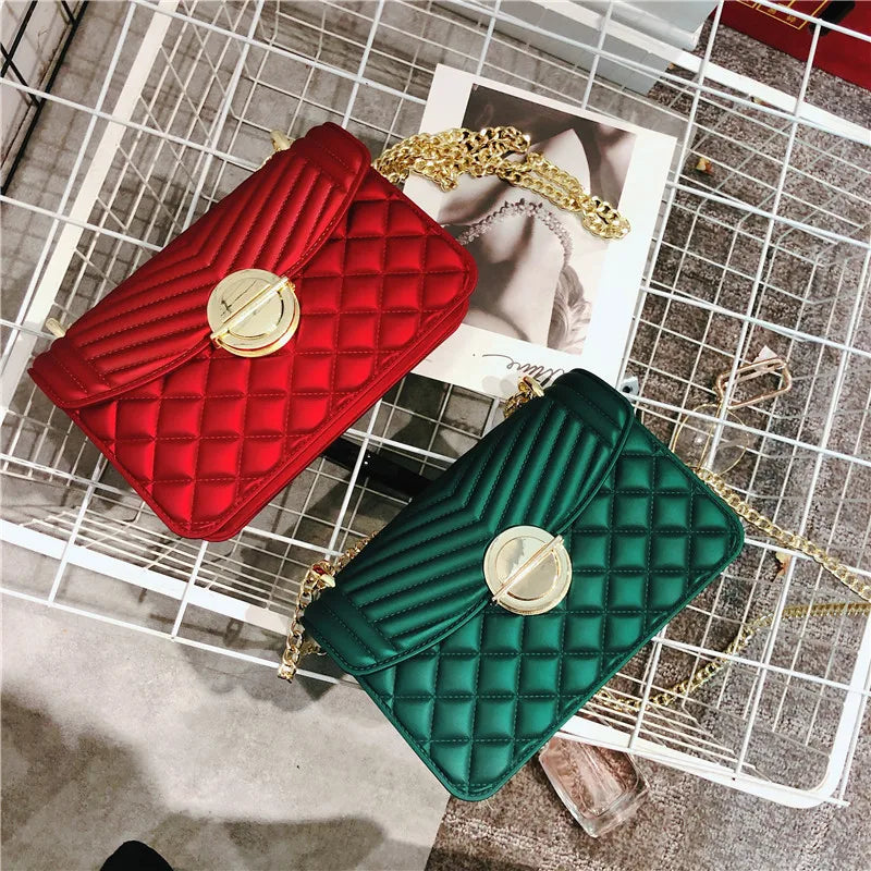 Green Grey Quilted Jelly Bag with Chain Shoulder Strap