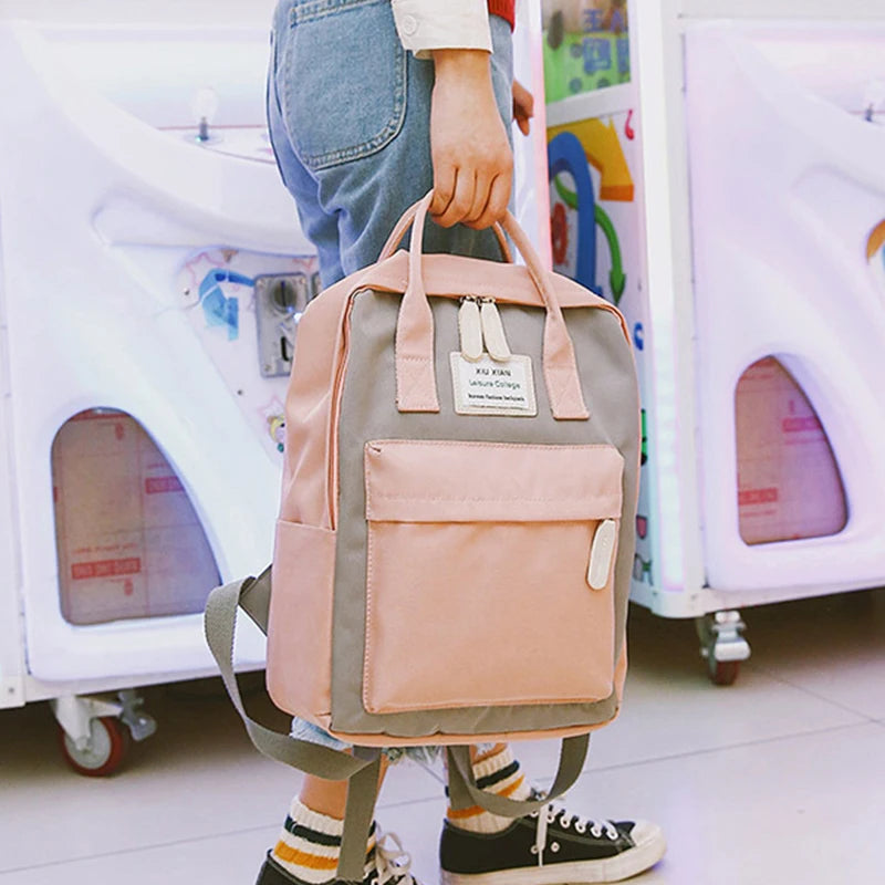 Canvas Backpack Women Teenager School Bag Splicing Knapsack Large Capacity