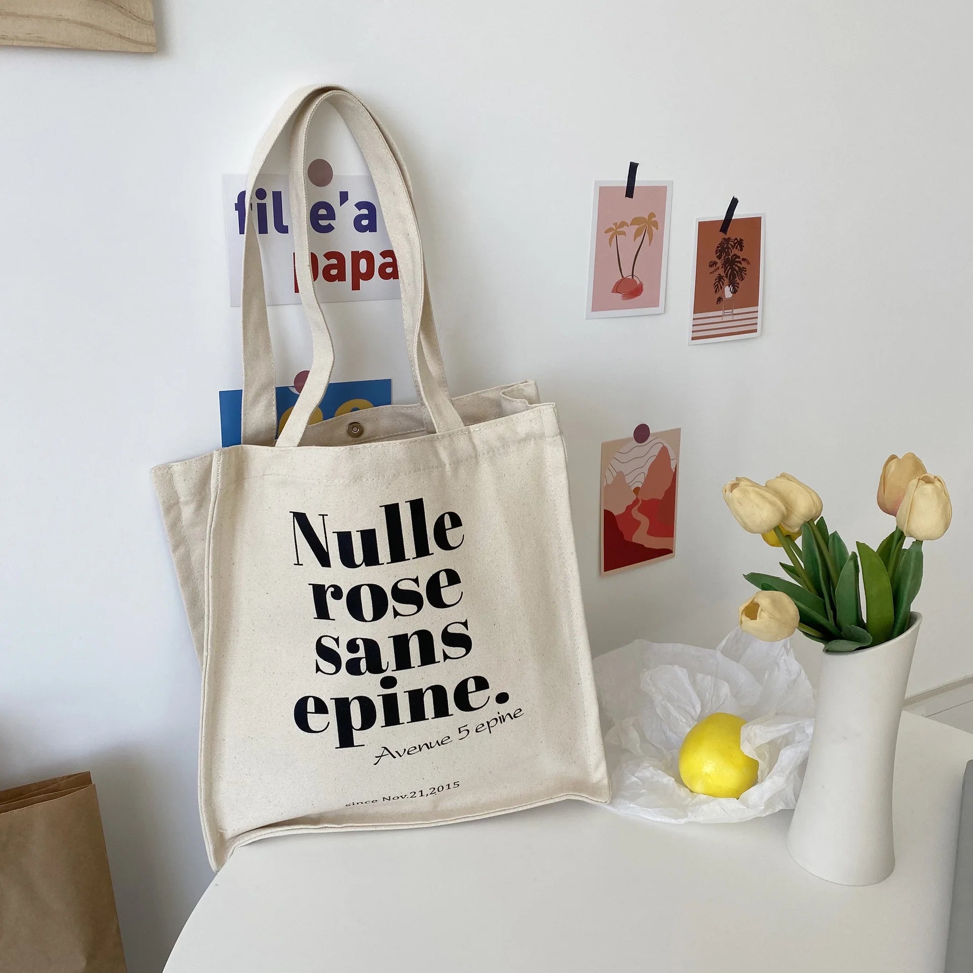 Canvas Bag Women Vintage Letter Print Shoulder Bag Casual Shopper Bag