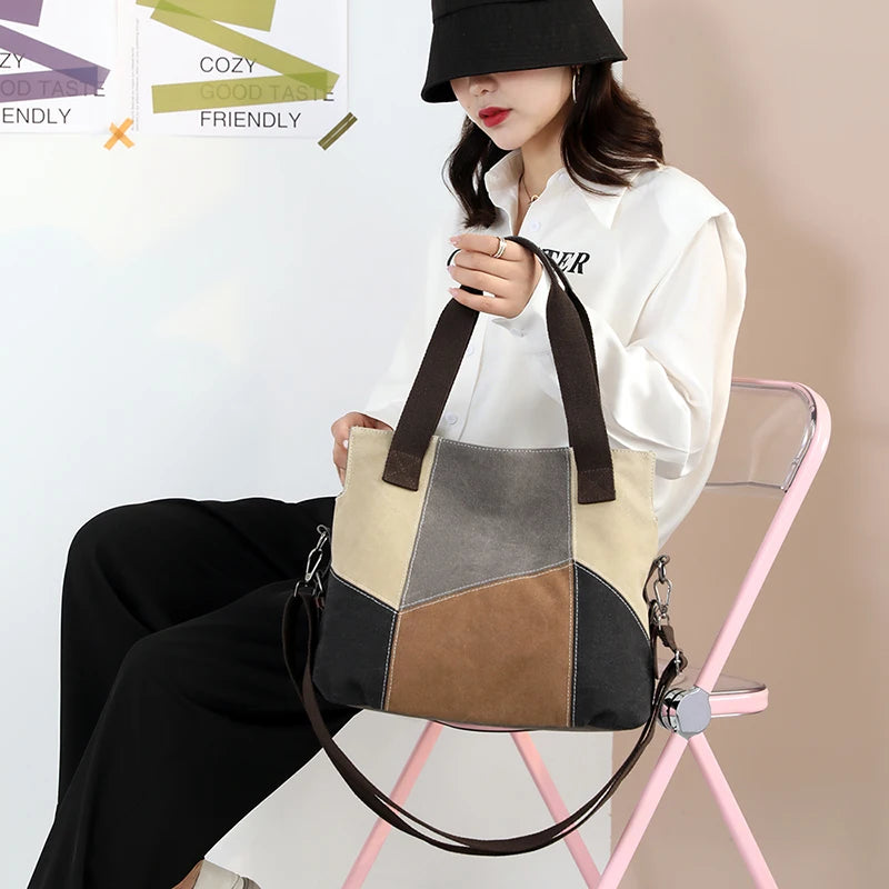 Canvas Bag Women's Retro Patchwork Crossbody Shoulder Bag