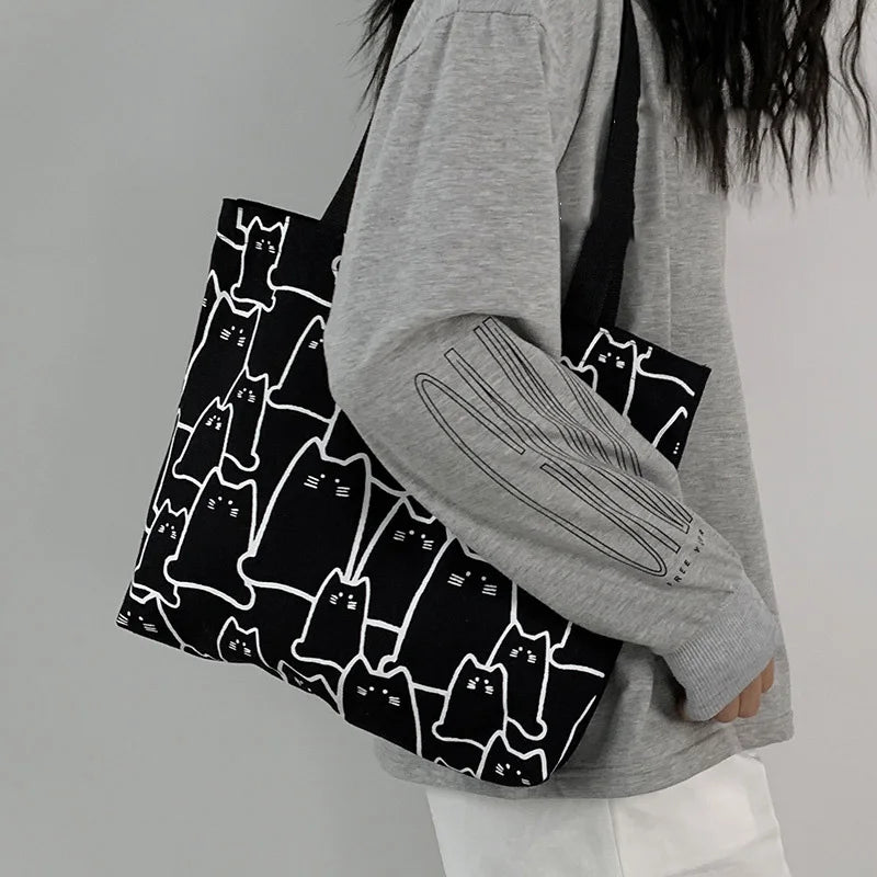 Cat Tote Bag with Zipper Japanese Style Shoulder Bags