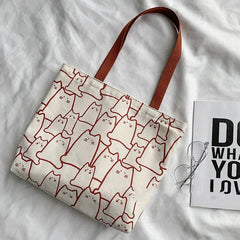 Cat Tote Bag with Zipper Japanese Style Shoulder Bags
