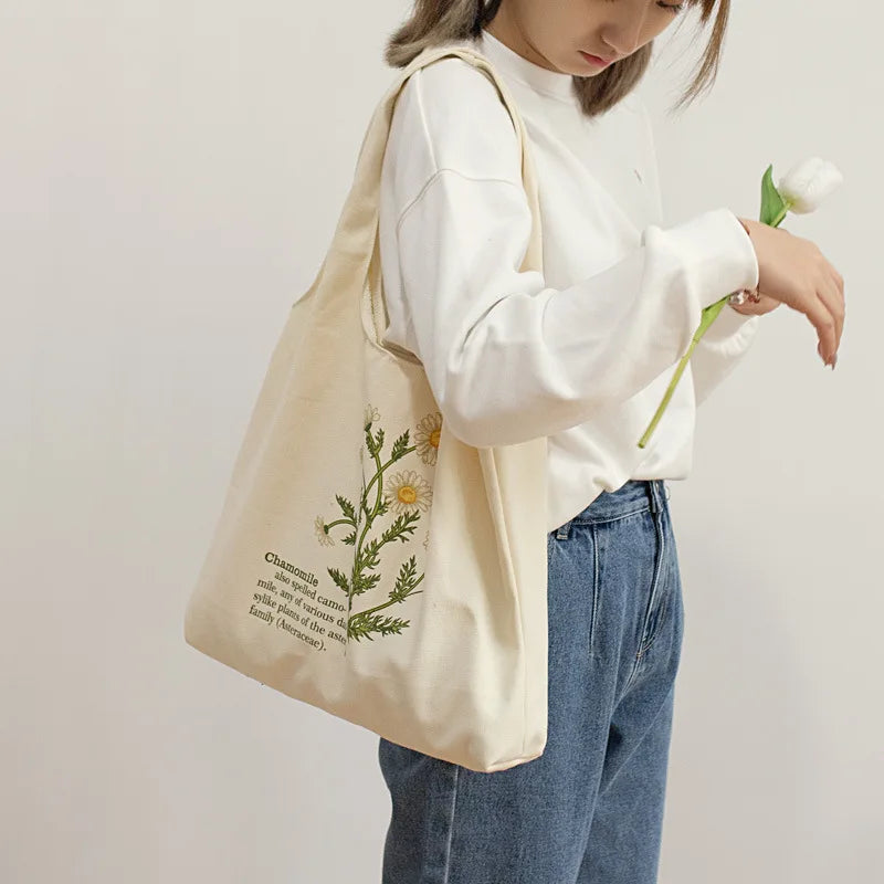 Flower Plant Printed Shoulder Handbag Reusable Shopper Casual Tote