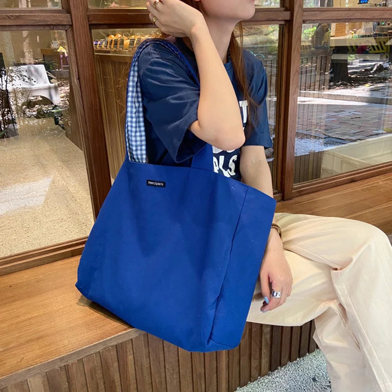 Women's Canvas Shoulder Tote Handbag Casual Solid Plaid Shopper