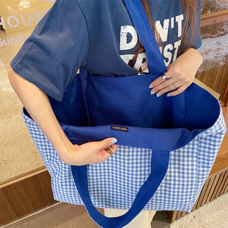 Women's Canvas Shoulder Tote Handbag Casual Solid Plaid Shopper