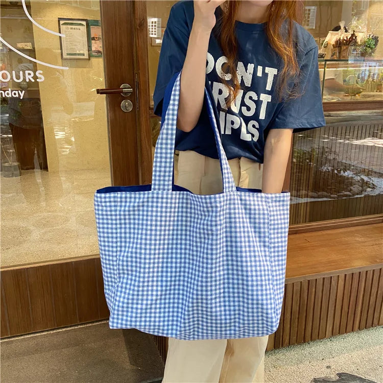 Canvas Checkered Shoulder Bag Large Capacity Travel Tote Bag