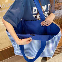 Canvas Checkered Shoulder Bag Large Capacity Travel Tote Bag