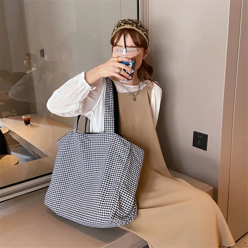 Canvas Checkered Shoulder Bag Large Capacity Travel Tote Bag