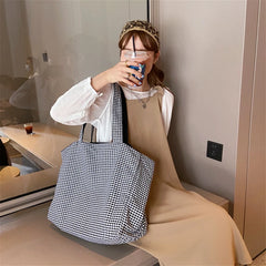 Canvas Checkered Shoulder Bag Large Capacity Travel Tote Bag