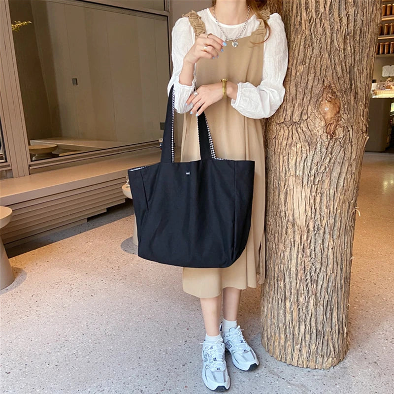 Canvas Checkered Shoulder Bag Large Capacity Travel Tote Bag