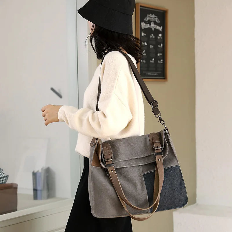 Canvas Casual Women's Bag Stylish Contrast Stitching Tote Bag