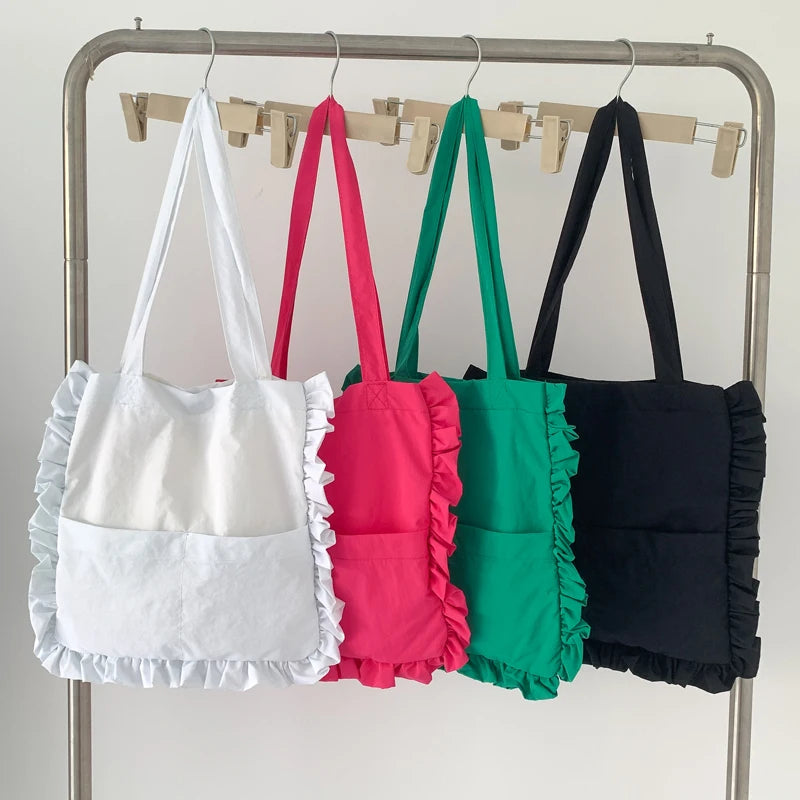 Canvas Ruffled Shoulder Bag Large Capacity Tote
