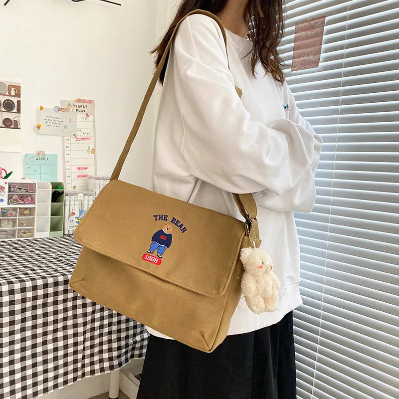 Canvas Crossbody Bags for Women Messenger Bag Cartoon Embroidered Bear