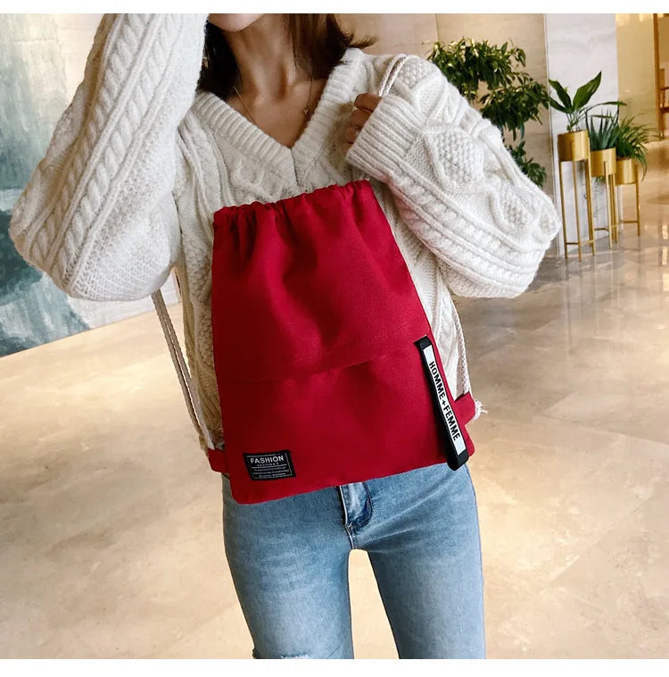 Canvas Drawstring Backpack Shoulder Bags for Women Solid Organizer