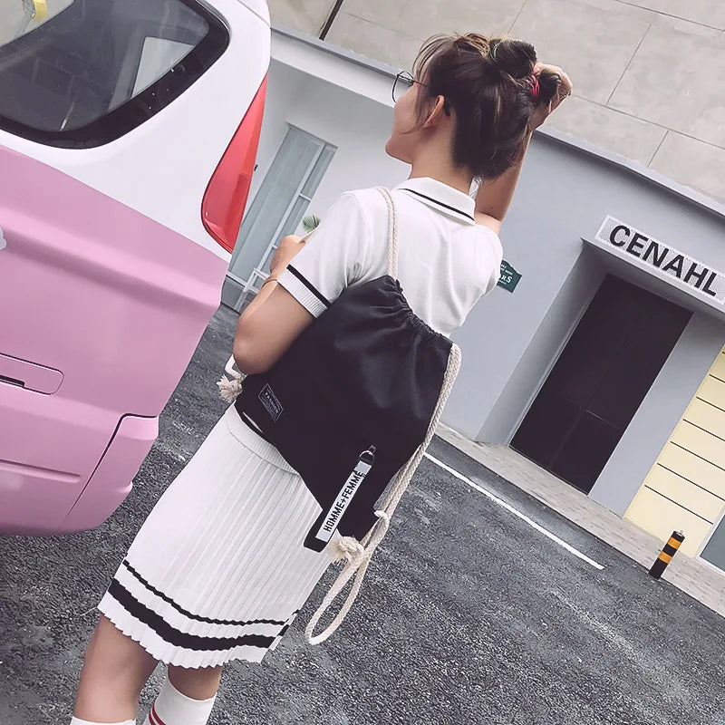 Canvas Drawstring Backpack School Gym Casual String Knapsack