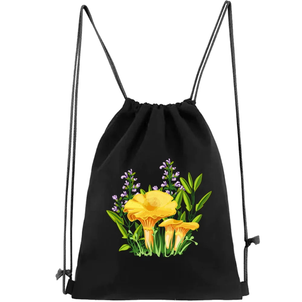Canvas Drawstring Backpack Gym Bag Mushroom Pattern String Shoulders