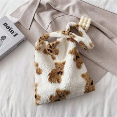 Canvas Fluffy Fur Bear Handbags Large Capacity Soft Shopping Bags School Bag