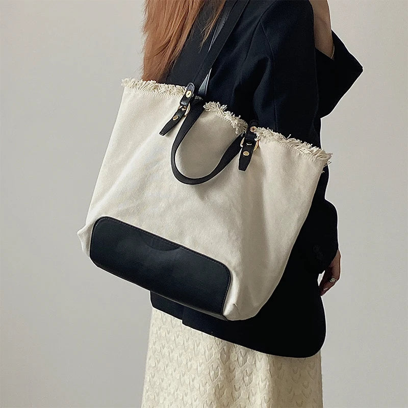 Canvas Fur-lined Shoulder Tote Bags Women Large Capacity Students Laptop