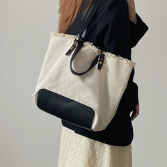 Canvas Fur-lined Shoulder Tote Bags Women Large Capacity Students Laptop