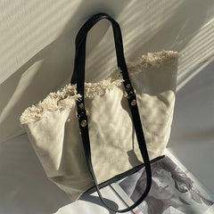Canvas Fur-lined Shoulder Tote Bags Women Large Capacity Students Laptop