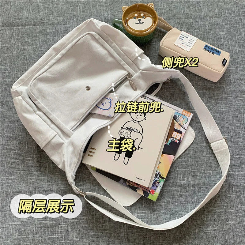 Canvas Handbags Japanese School Shoulder Harajuku Solid Large Capacity
