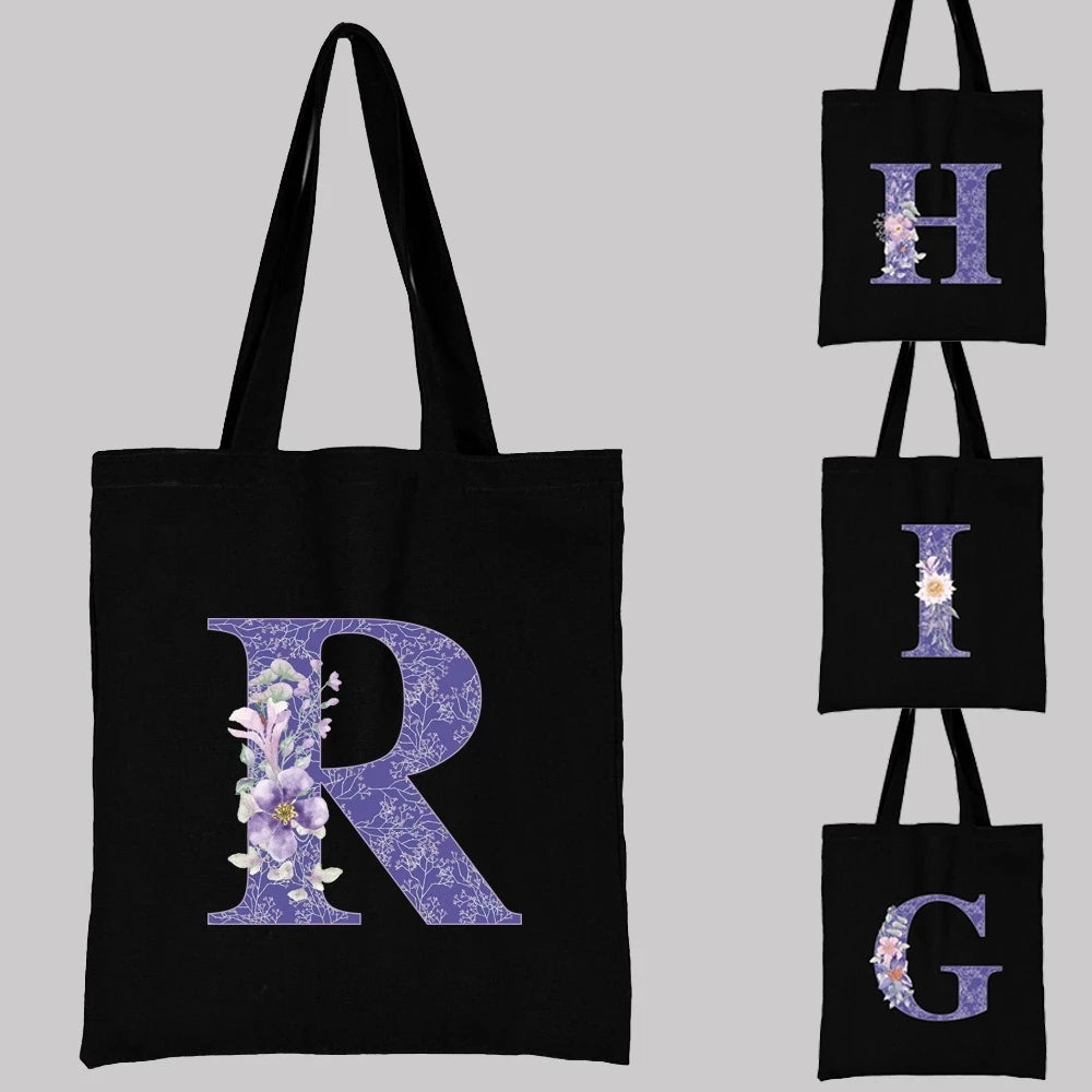Canvas Large Capacity Tote Bag Purple Vine Flower Letter Print