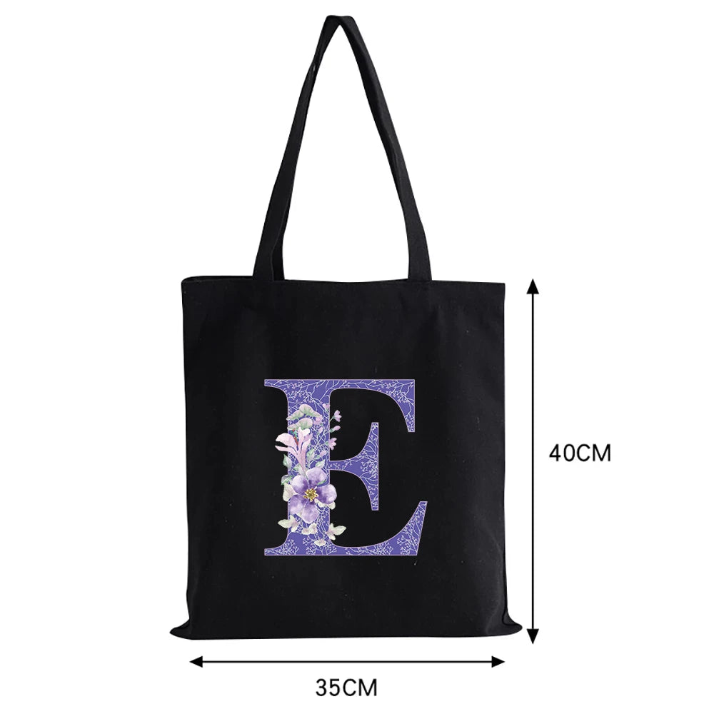Canvas Large Capacity Tote Bag Purple Vine Flower Letter Print