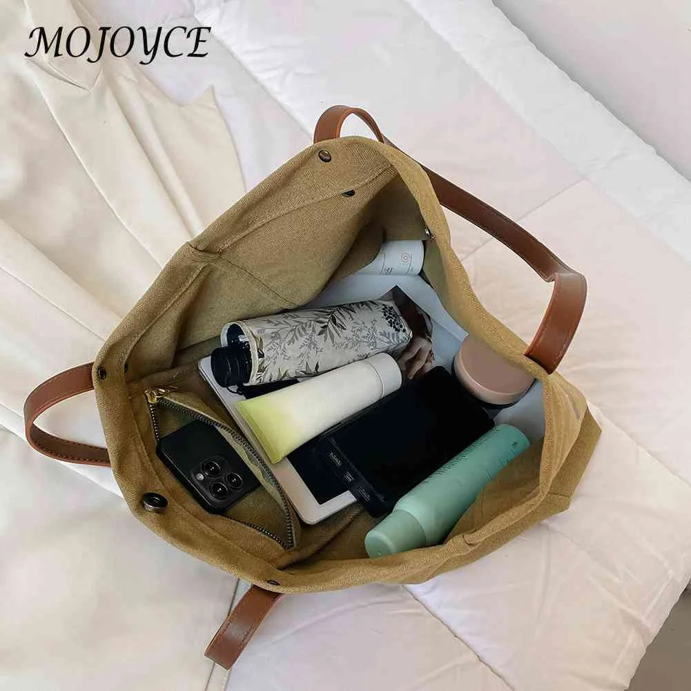 Canvas Ladies Tote Large Capacity Reusable Grocery Bag Snap Closure