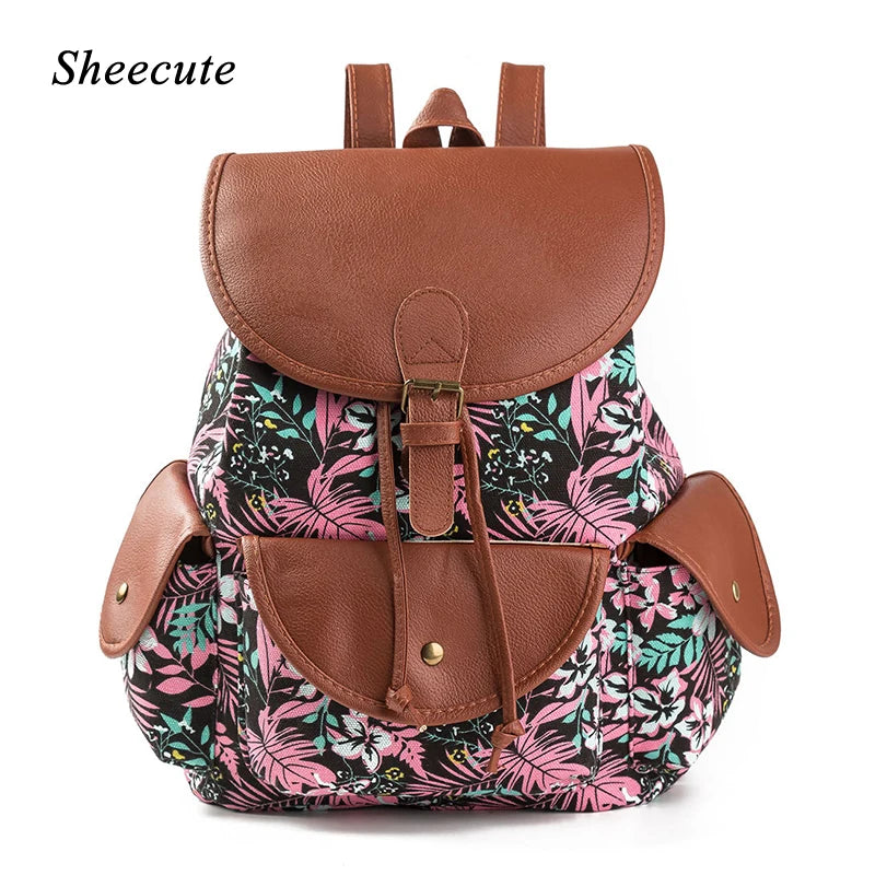 Canvas Printed Backpack Female Bags Retro Women Backpack