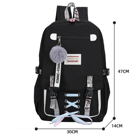 Canvas School Bags for Girls Teenagers Backpack Women Bookbag USB Charging