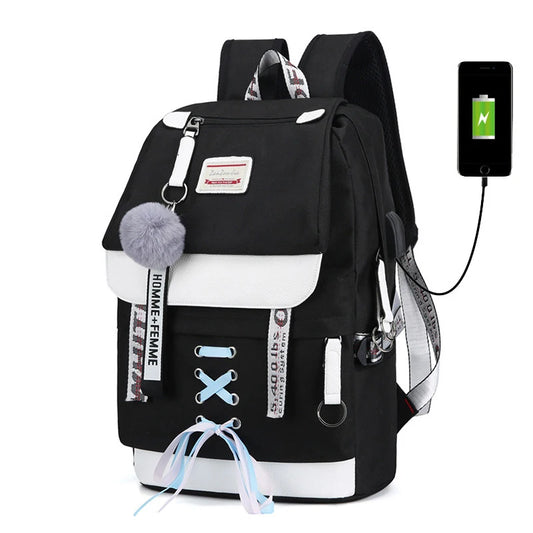Canvas School Bags for Girls Teenagers Backpack Women Bookbag USB
