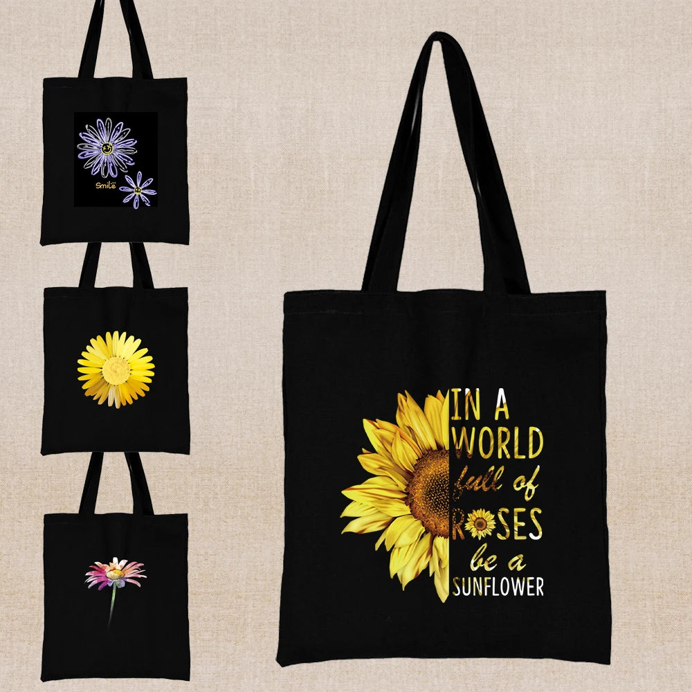 Daisy Print Tote Bag Eco Reusable Shopper Bag Canvas Shoulder Men Women