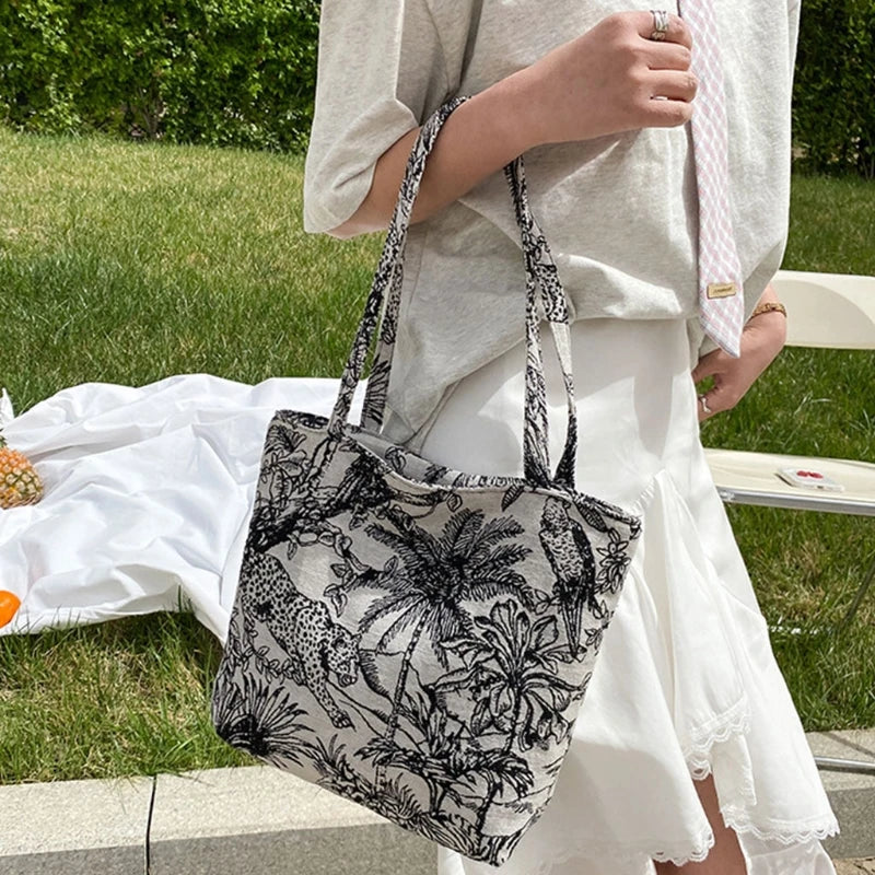 Embroidery Pattern Canvas Shoulder Bag Retro Large Capacity Tote Handbag