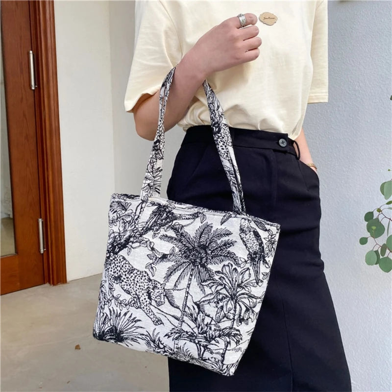 Embroidery Pattern Canvas Shoulder Bag Retro Large Capacity Tote Handbag