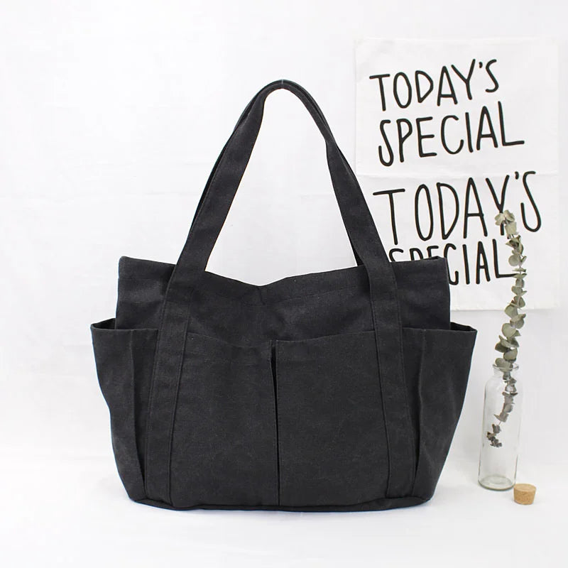Canvas Shoulder Bag for Student School Top-handle Bag Multi-pockets Zipper Big