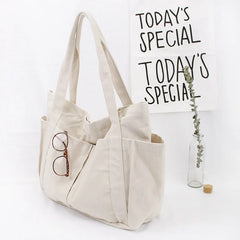 Canvas Shoulder Bag for Student School Top-handle Bag Multi-pockets Zipper Big