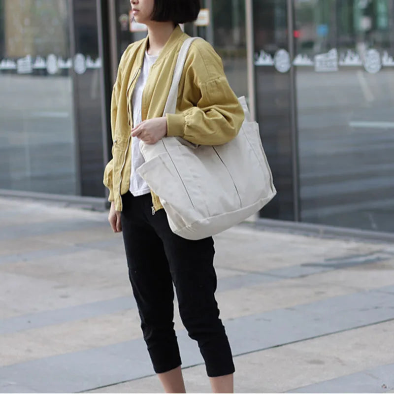 Canvas Shoulder Bag for Student School Top-handle Bag Multi-pockets Zipper Big