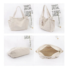 Canvas Shoulder Bag for Student School Top-handle Bag Multi-pockets Zipper Big