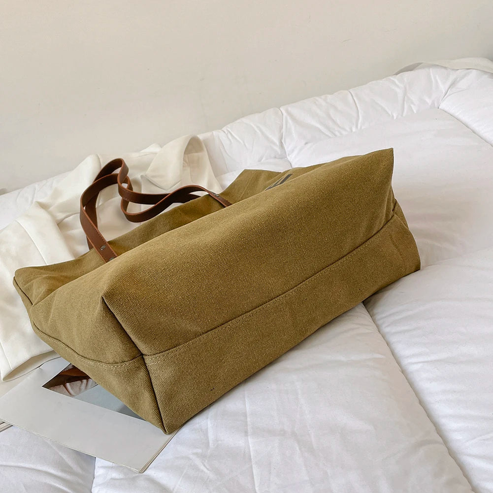 Canvas Shoulder Bag Large Capacity Women Reusable Shopping Bags Snap Closure