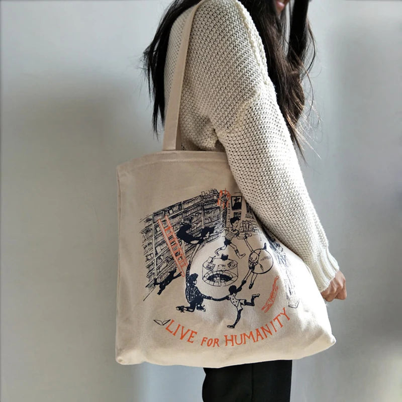 Korean Canvas Shoulder Bag for Women Large Tote Shopper Bags Handbag