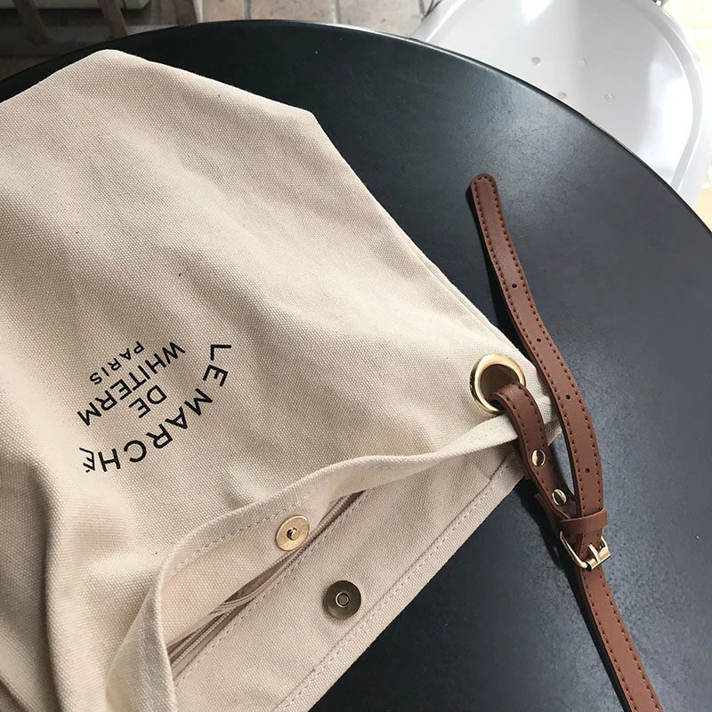 Canvas Shoulder Bags Women Casual Crossbody Stitching Bucket Bag