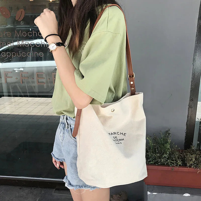 Canvas Shoulder Bags Women Casual Crossbody Stitching Bucket Bag