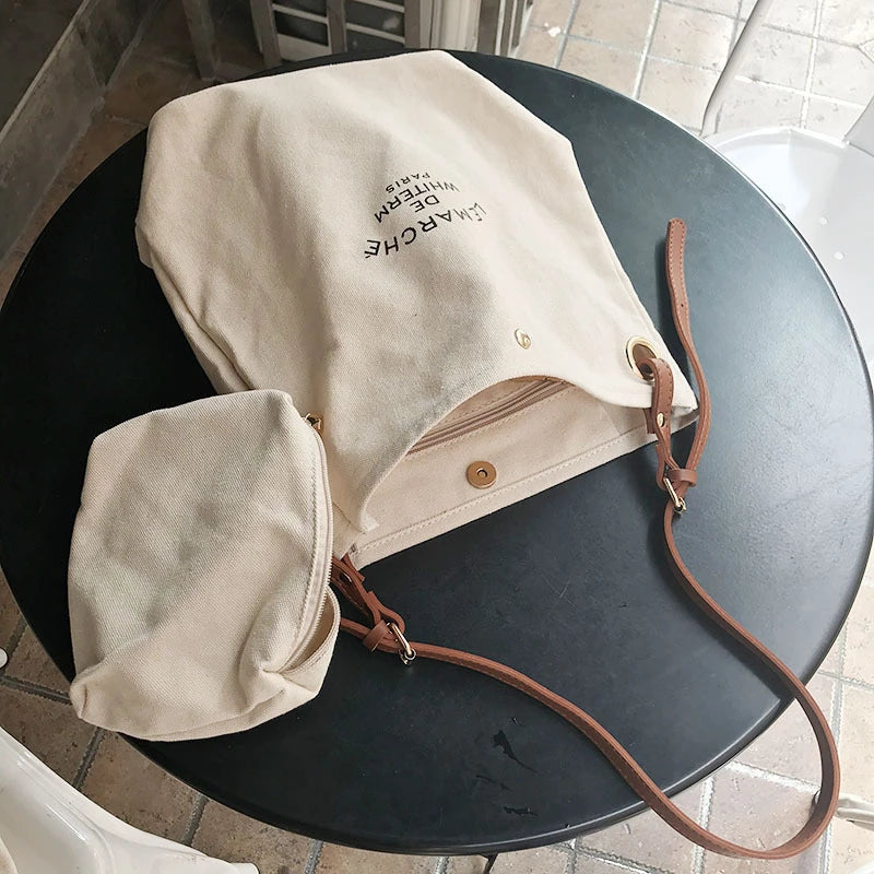 Canvas Shoulder Bags Women Casual Crossbody Stitching Bucket Bag