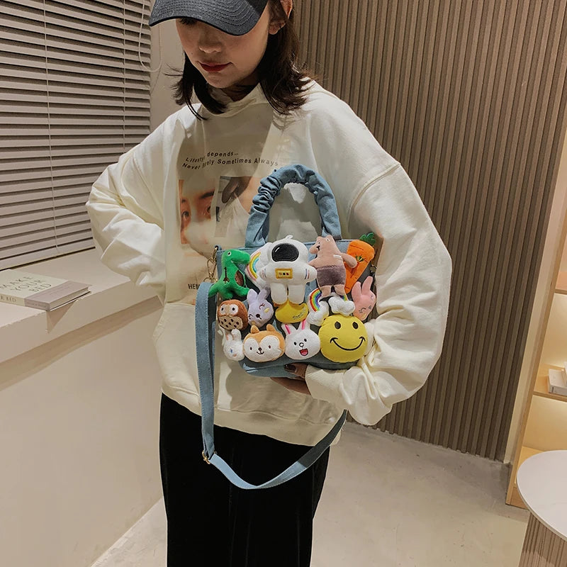 Canvas Shoulder Bags For Women Handbags Doll Decoration Crossbody Bag