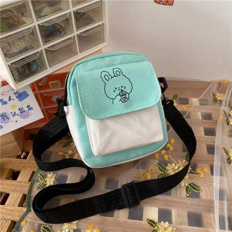 Canvas Shoulder Women's Bag Cartoon Printed Small Messenger Crossbody Phone Bag