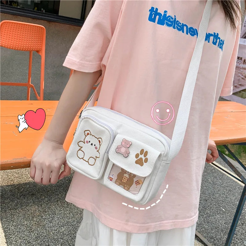 Embroidery Bear Girl Student Transparent Messenger Bag