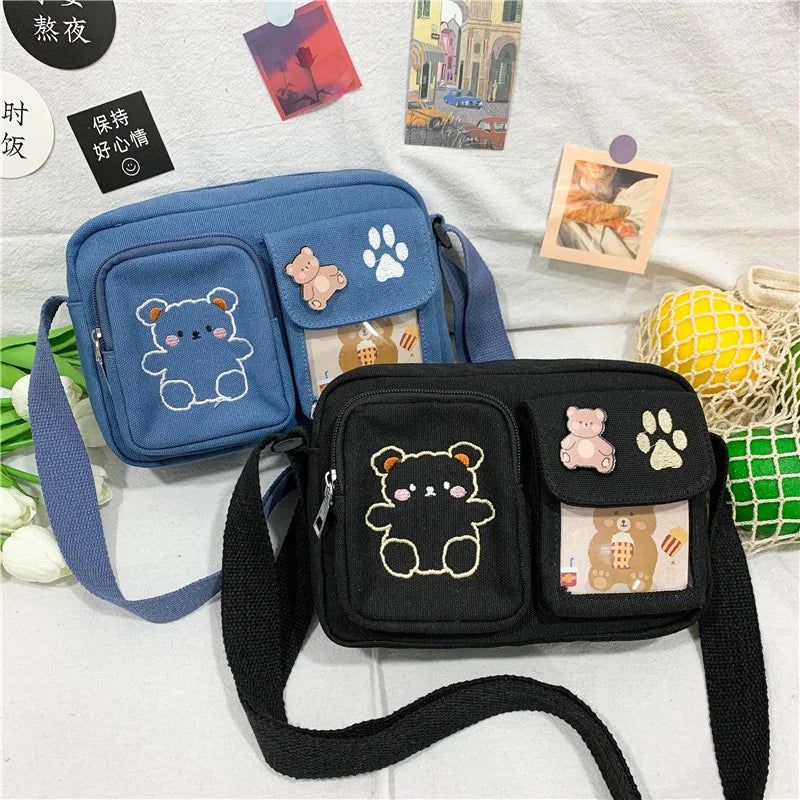 Embroidery Bear Girl Student Messenger Bag
