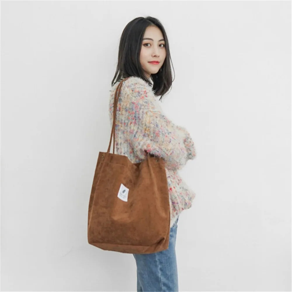 Corduroy Shoulder Bag Top-Handle Crossbody Tote Bag College Style
